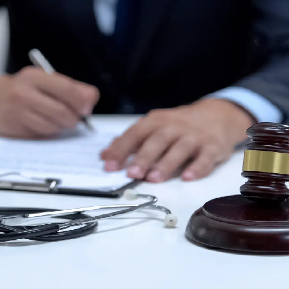 A person writing on paper with a stethoscope and a gavel on the table, suggesting a medical-legal context.