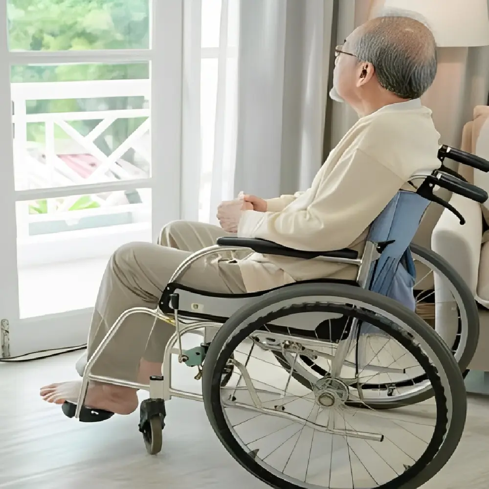 An elderly person in a wheelchair looks out a window.