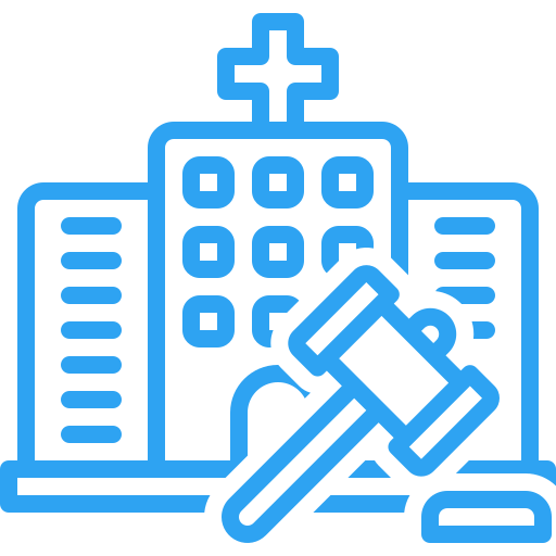 Blue icon depicting a hospital building with a gavel in front, symbolizing medical law or healthcare legislation.