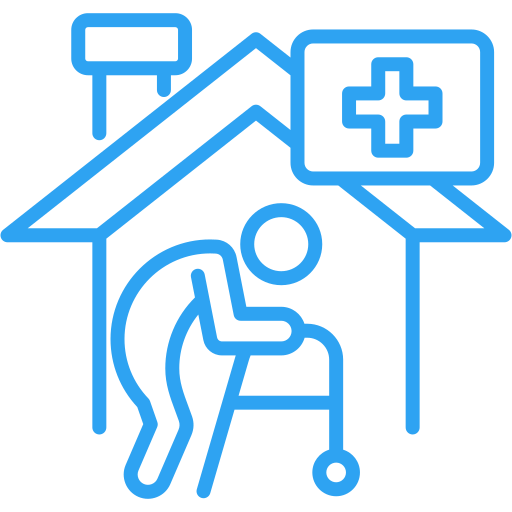 Icon depicting a person with a walker in front of a house with a medical cross symbol, suggesting home healthcare or elder care services.