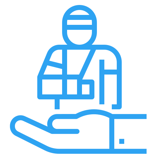 Icon of a hand supporting a figure with a bandaged arm in a sling, suggesting care or medical support.